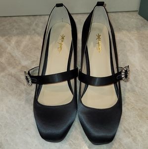 Black Satin Mary Jane with Block Heel